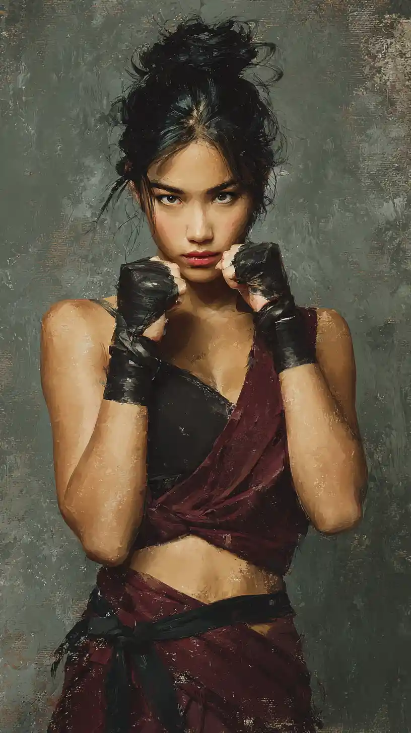 Guerreira asiática com katana em retrato cinematográfico sombrio