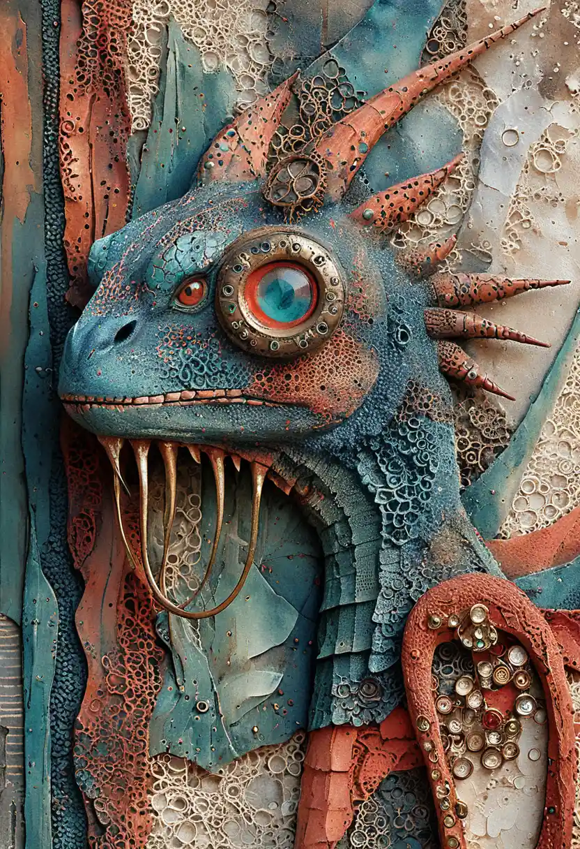 Mixed media profile portrait of a fierce fantasy dragon