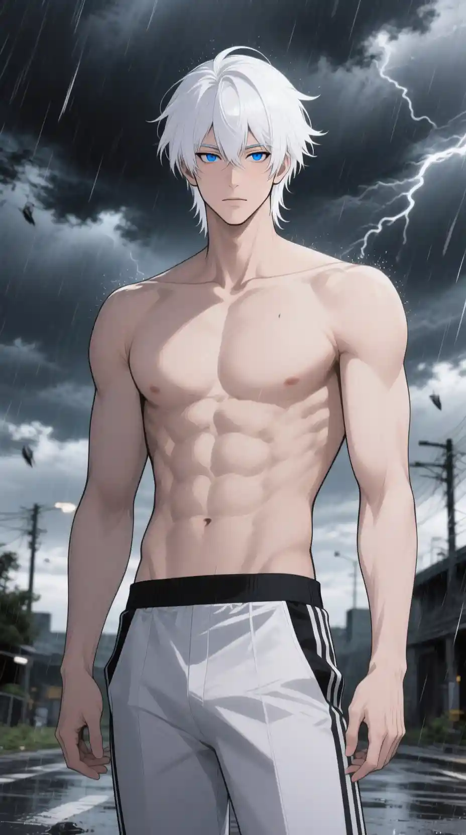 White haired anime man in stormy outdoor scene