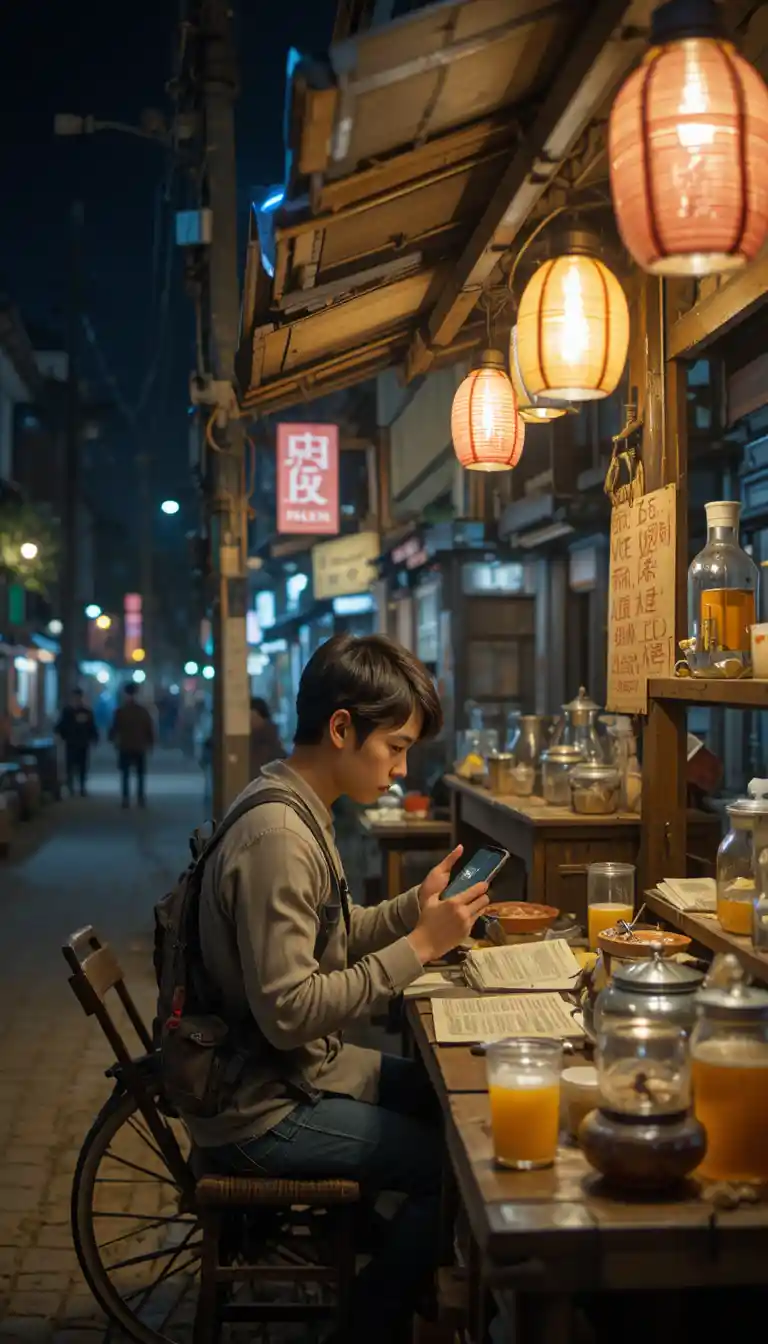 Joven vendedor de té estudiando inglés en un puesto callejero nocturno