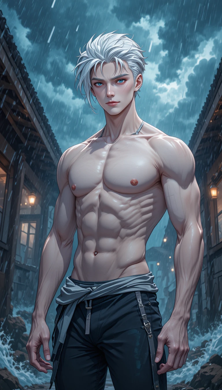 Hombre de anime de pelo blanco en escena exterior tormentosa