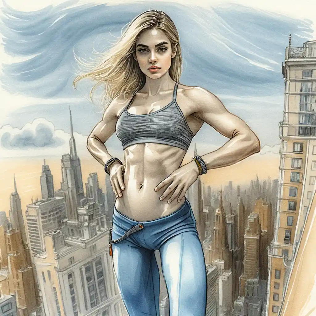 Muscular blonde heroine on sunny urban rooftop