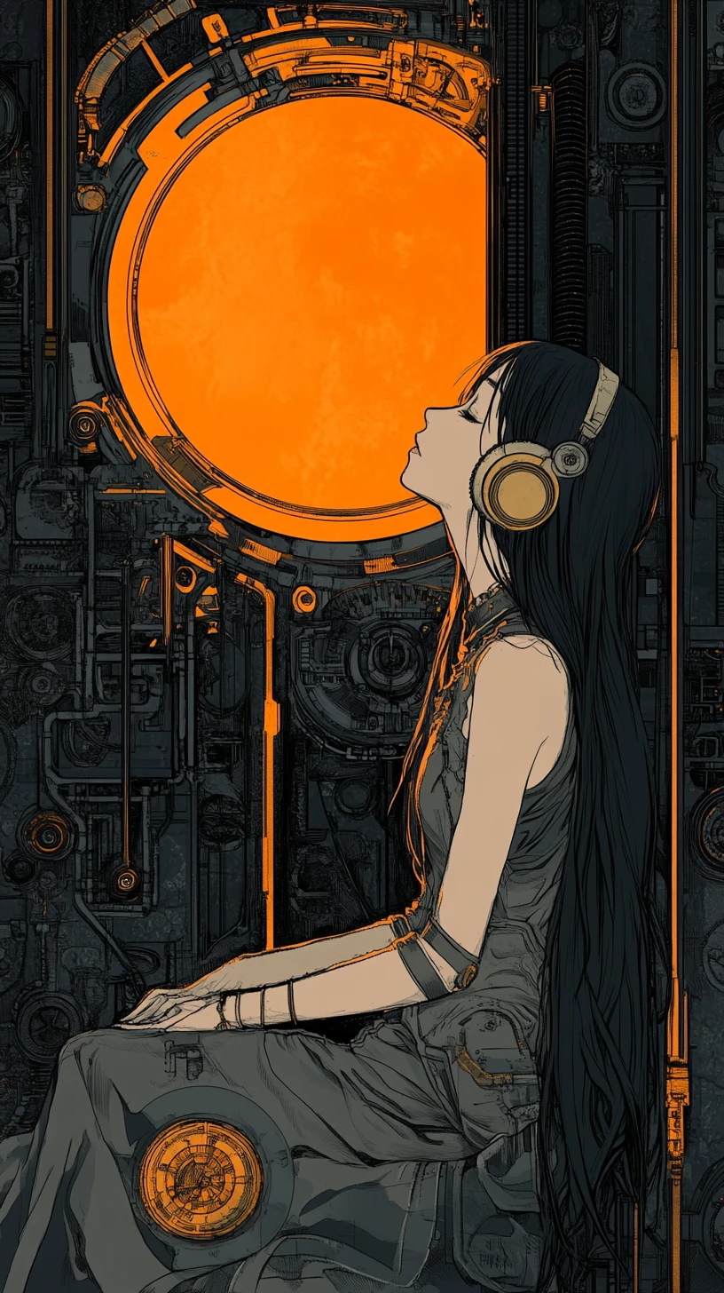 Jeune fille mélancolique avec casque au milieu des engrenages sous le soleil et la lune