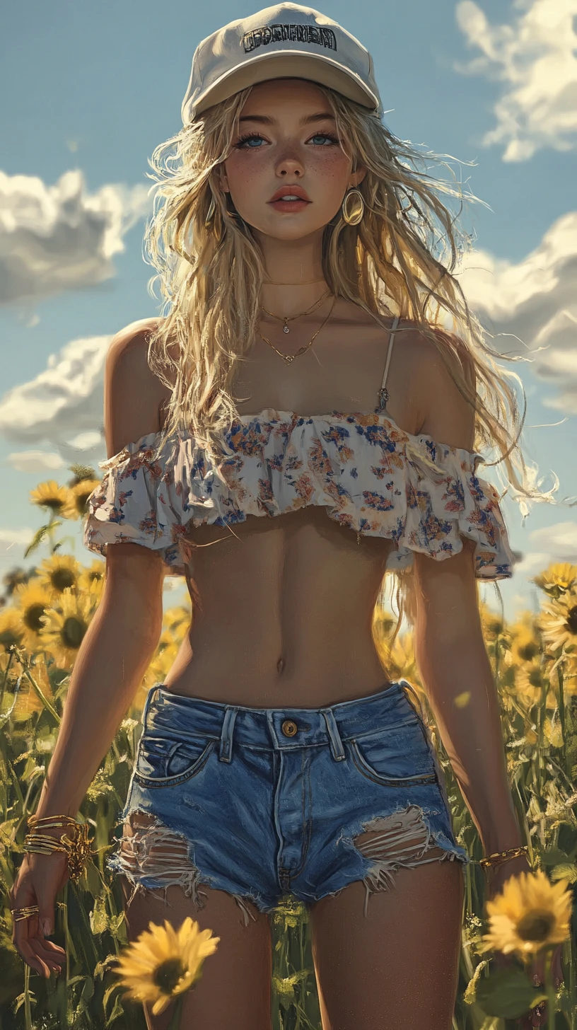 Smiling blonde girl in sunflower field with summer accessories