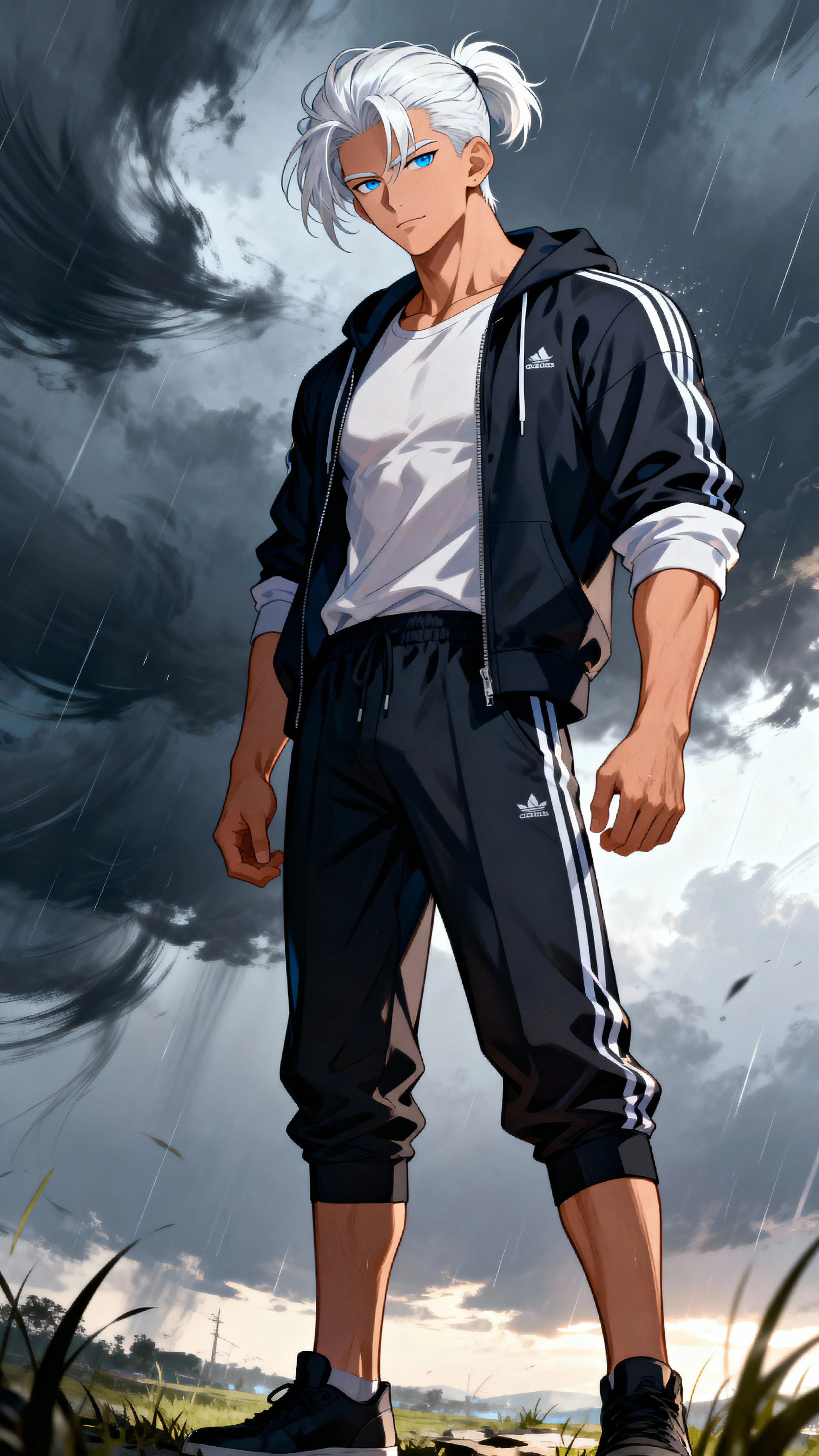 Hombre de anime de cabello blanco en escena exterior tormentosa