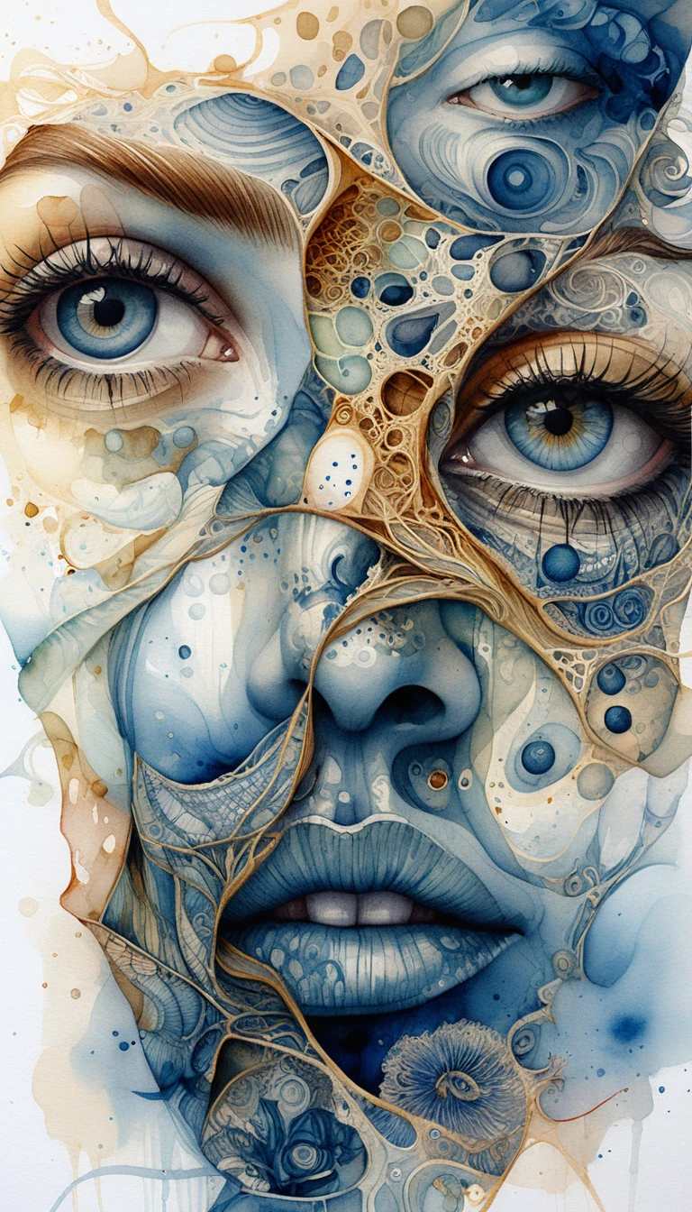 Surreal close up portrait of fragmented woman with many eyes