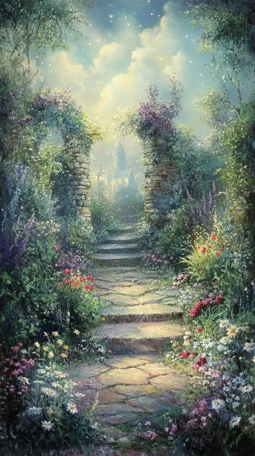 Dreamlike Overgrown Garden Path Beside Small Castle Sheds