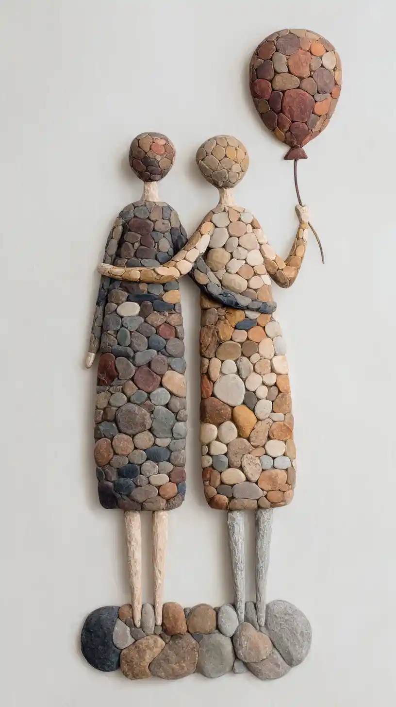Stone figures embracing with a single balloon on white