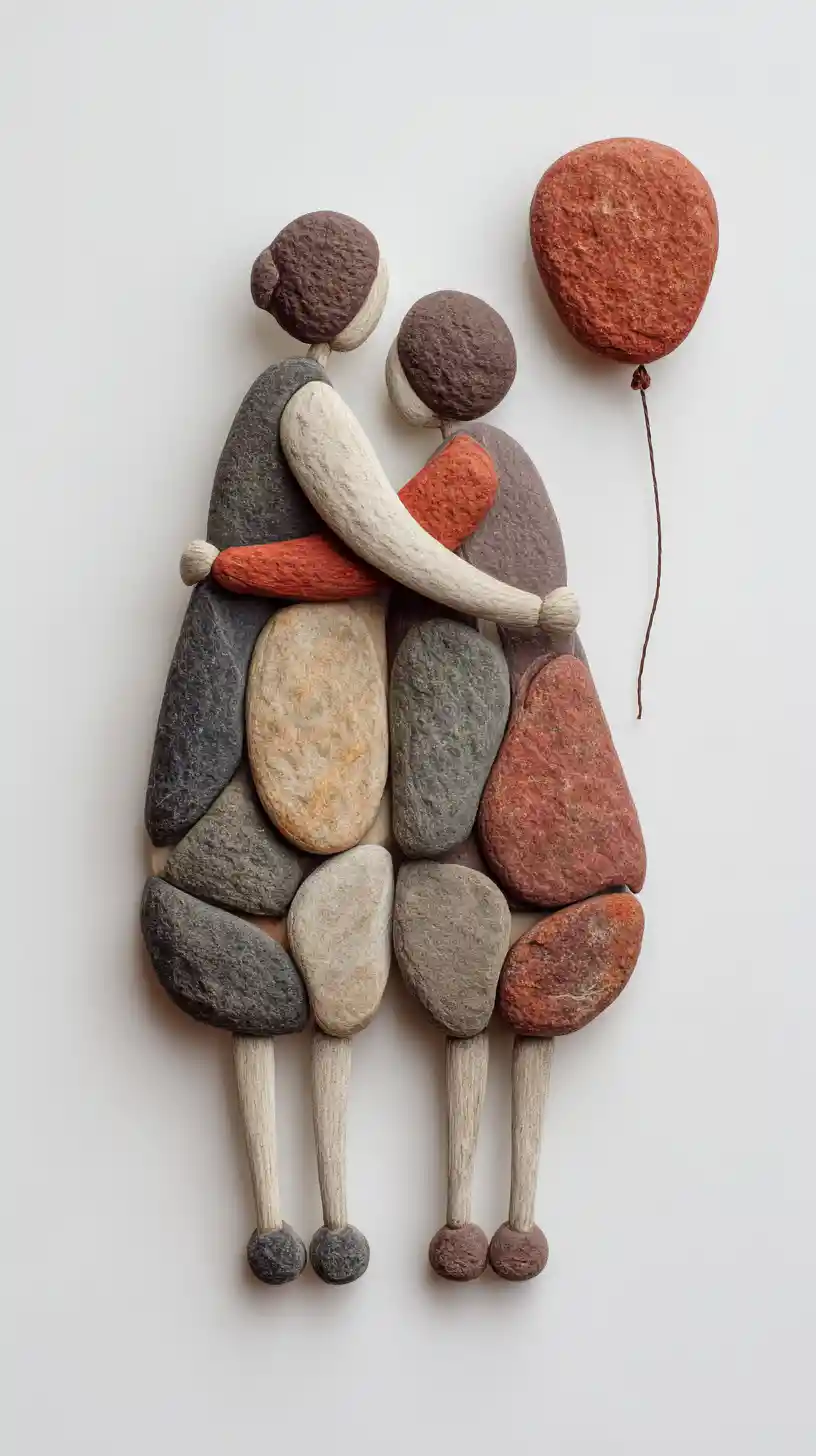 Stone figures of embracing women holding a balloon