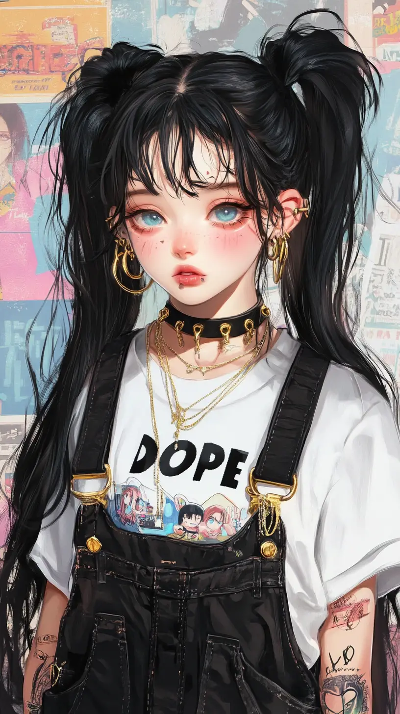 Cute anime girl in punk overalls with poster collage