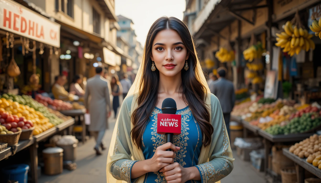 Pakistani woman reporter in blue shalwar kameez at street market