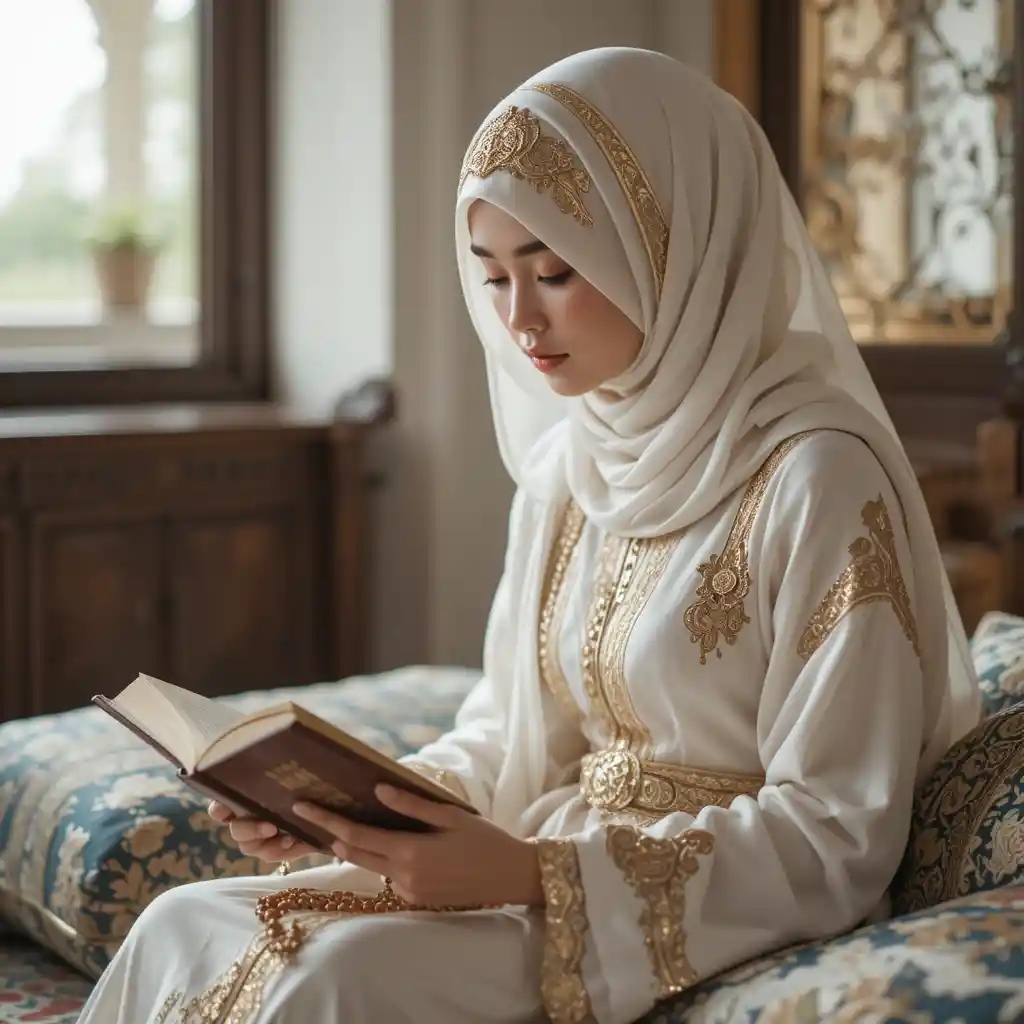 Woman reading the Koran with prayer beads during Ramadan