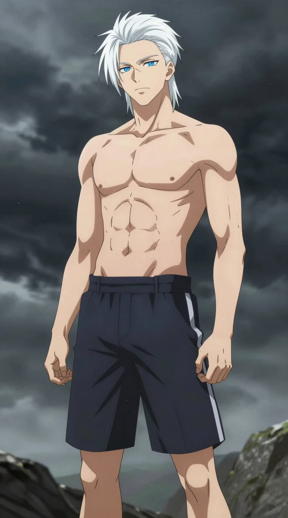 Homem de anime de cabelo branco em pé no vento tempestuoso