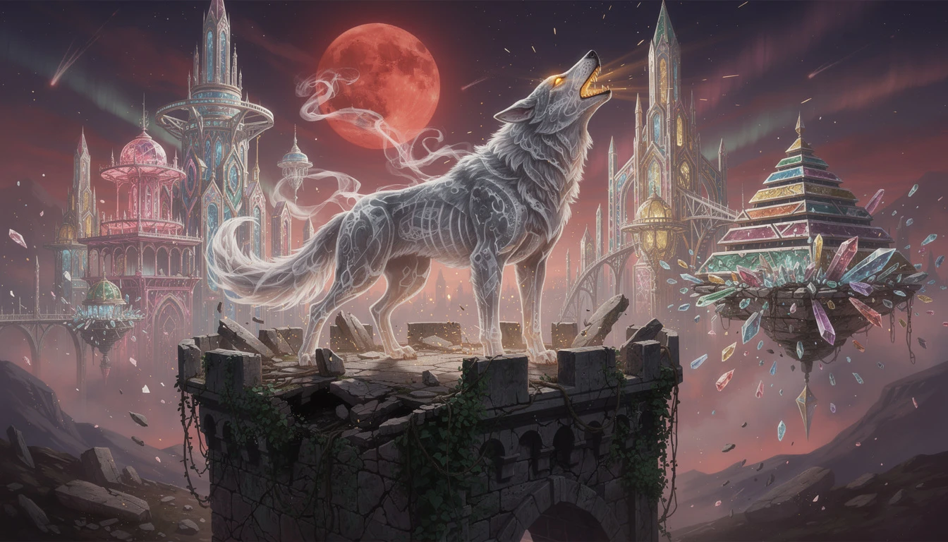 Smoky spectral wolf on ruined tower under eclipsed moon