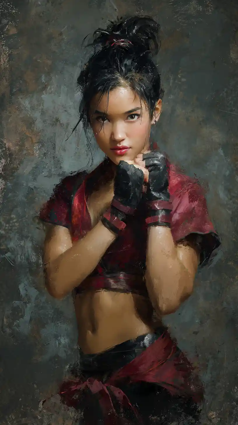 Asian warrior woman with katana in dark smoky ruins
