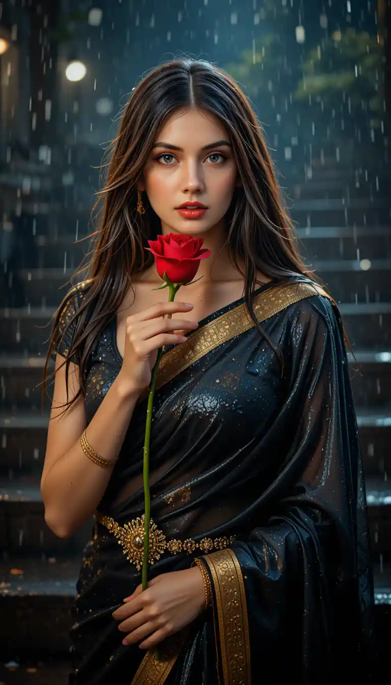 Femme indienne en sari noir mouillé mordant une rose rouge