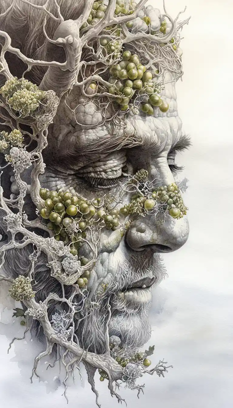 Surreal close up profile of an aged man and ivy
