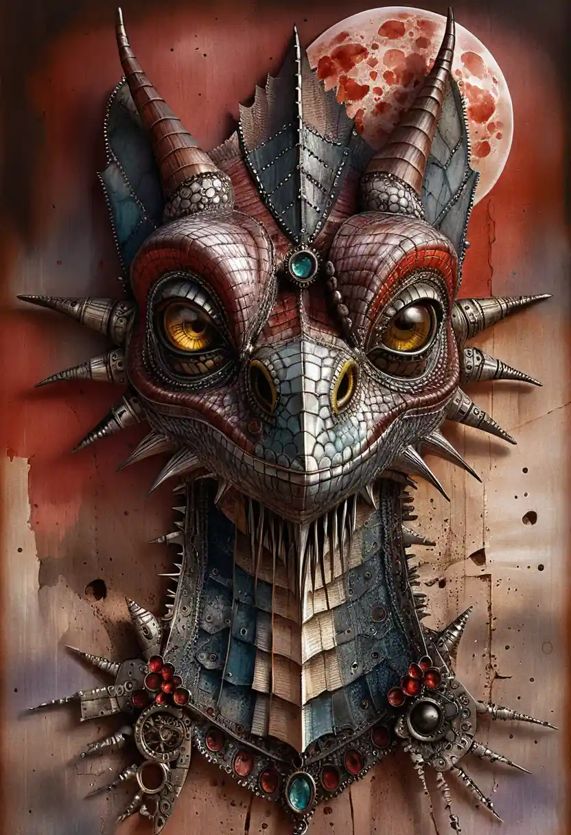 Mixed media profile portrait of a fantasy dragon head