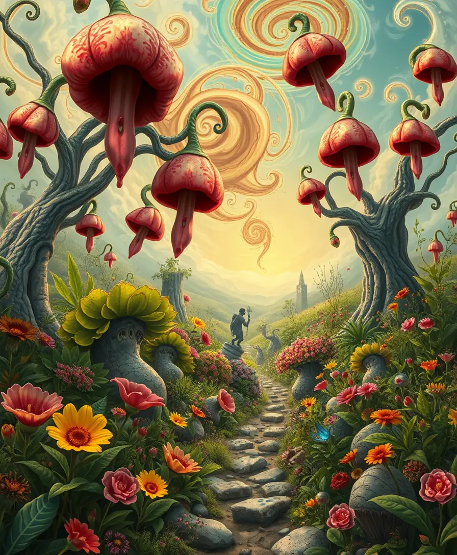 Whimsical fantasy garden of elemental creatures and bells