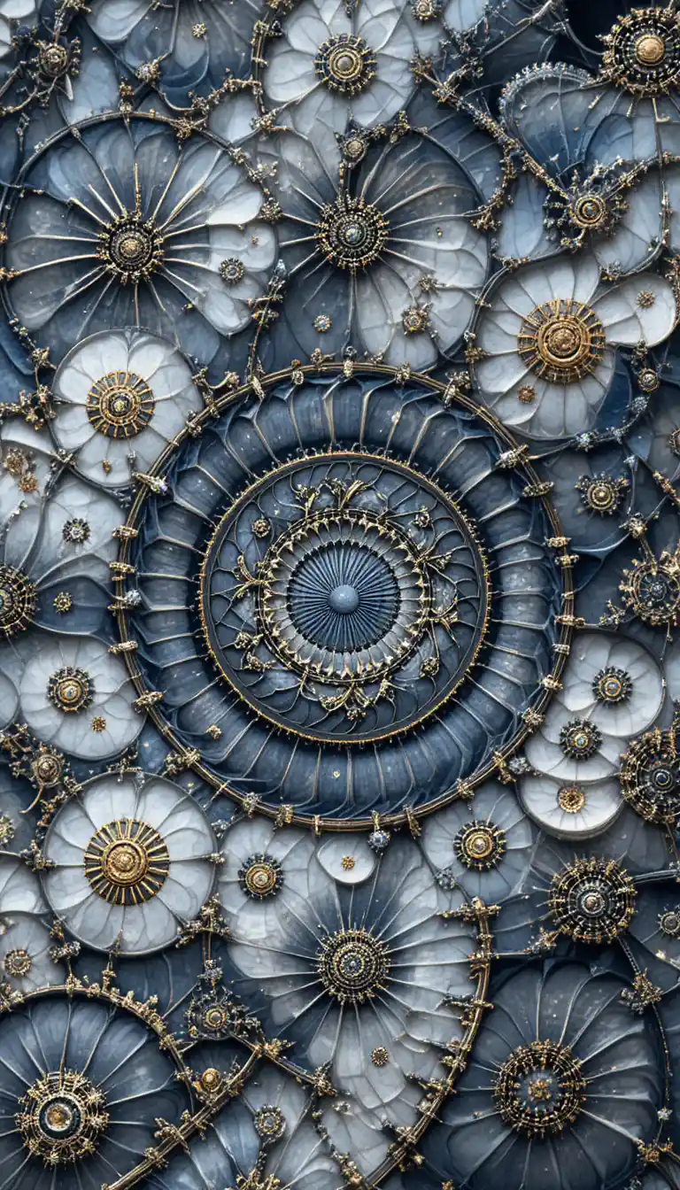 Mandala Fractal Intrincada en Oro y Azul sobre Fondo Oscuro