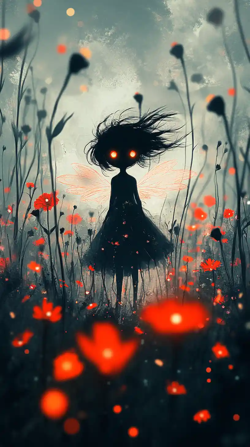 Feenmädchen-Silhouette, die in einer roten Blumenwiese leuchtet