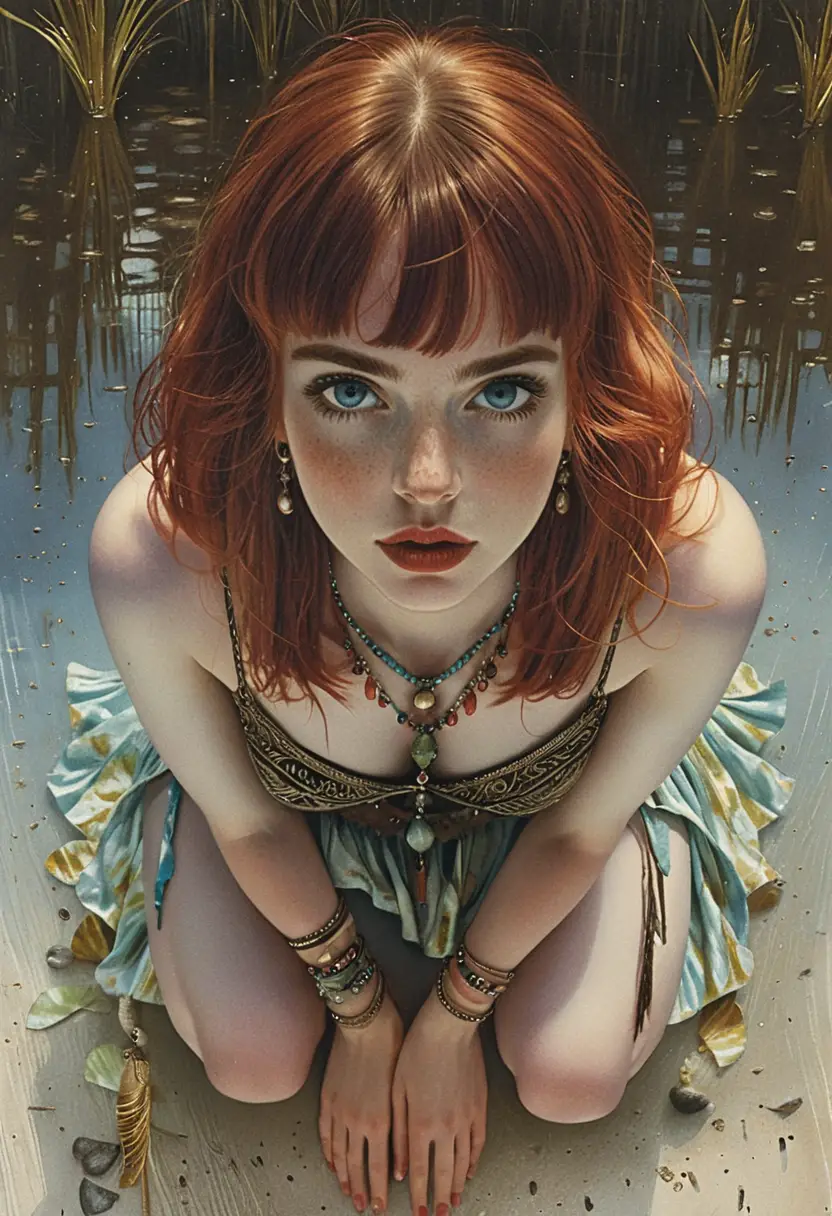 Enigmatic red haired girl seen from above by the water