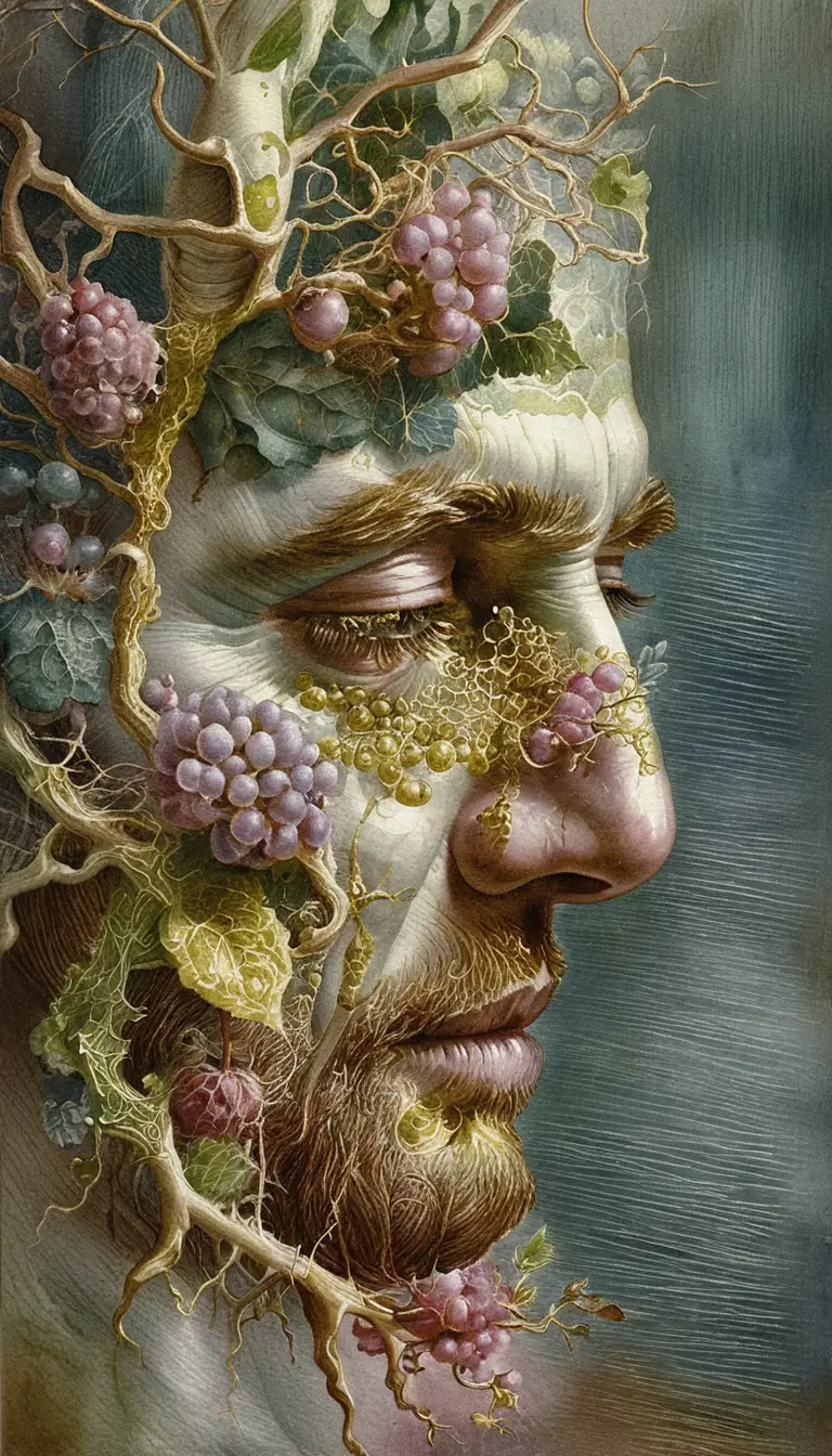Surreal close up of elderly man merging with green forest ivy