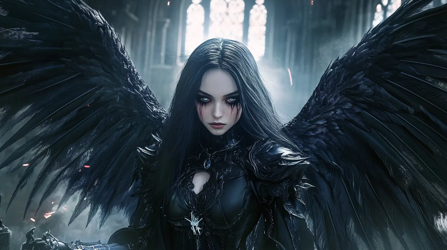 Dark fallen angel woman in ruined gothic cathedral