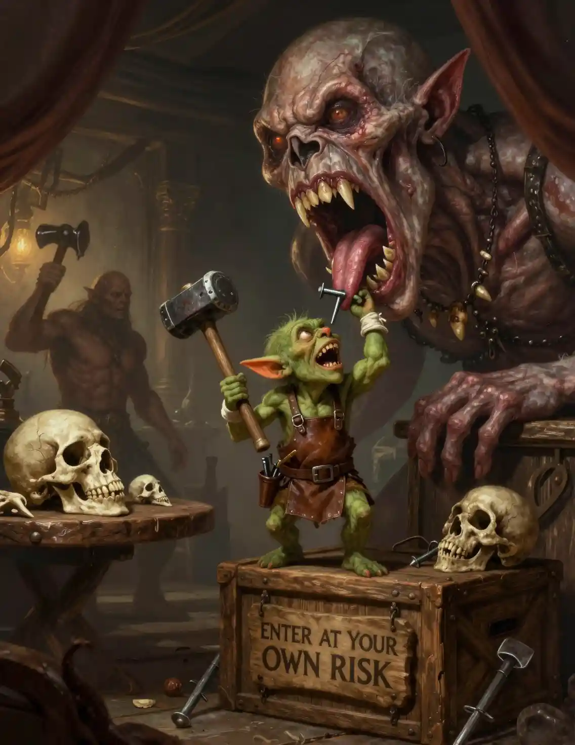 Torturador Goblin de Pie Sobre una Caja en una Taberna Oscura