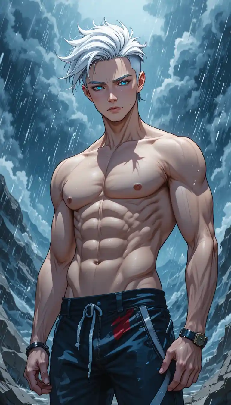 Hombre de anime de pelo blanco en retrato de cuerpo entero bajo la tormenta
