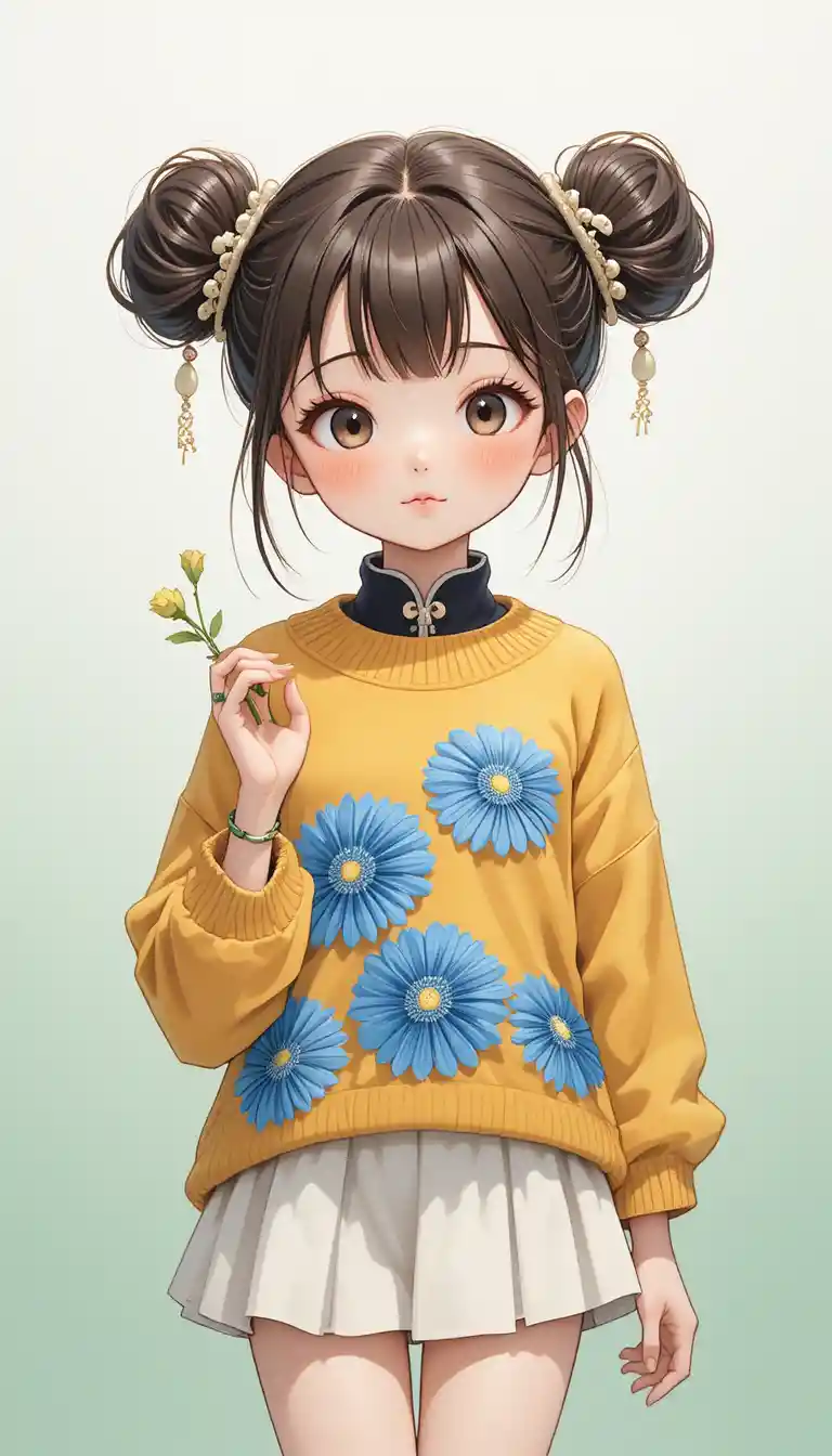 Linda garota de anime com suéter floral segurando um broto verde