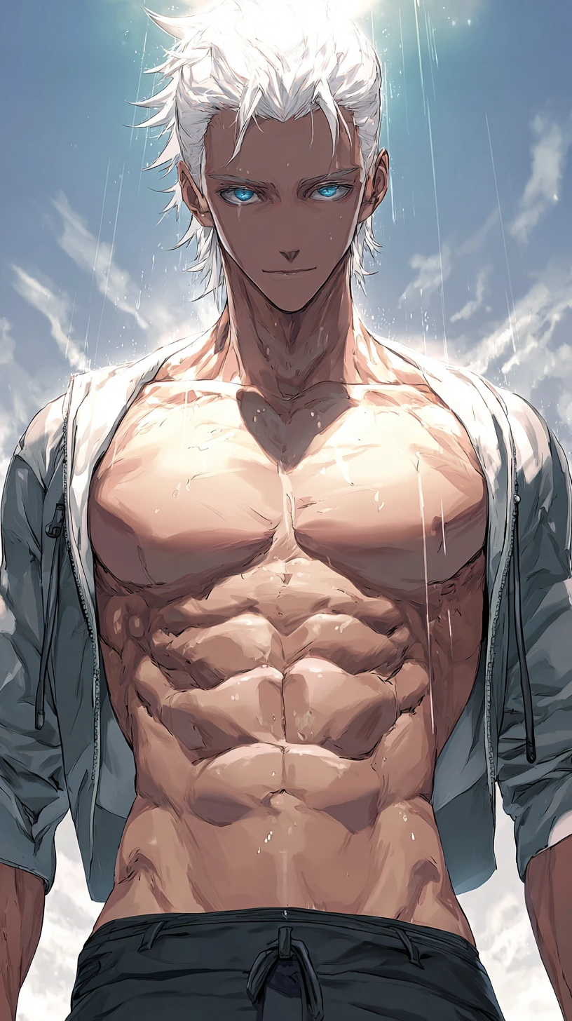 Hombre de anime de cabello blanco de pie en un viento tormentoso