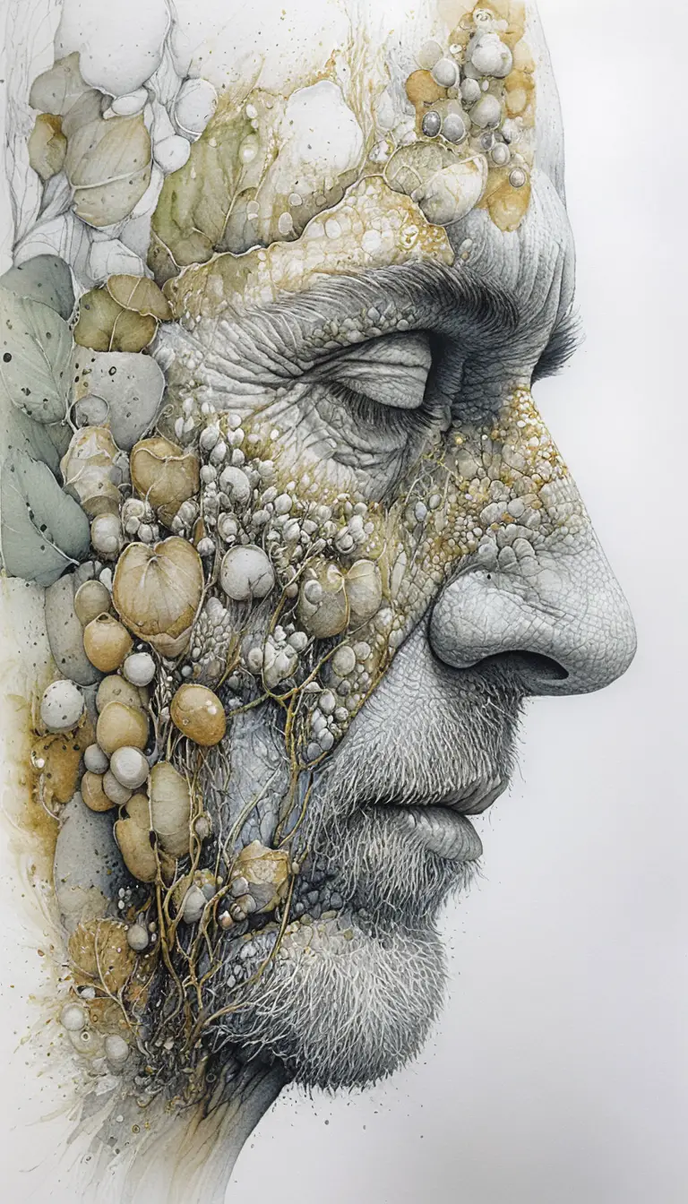 Elderly man in profile merging with lush green ivy