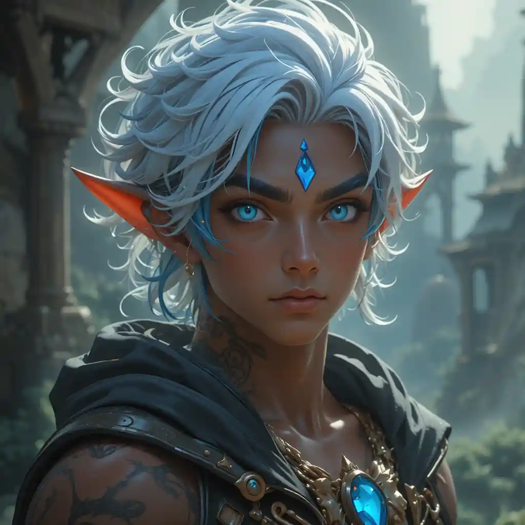 Young blue skinned genie prince with silver floating hair