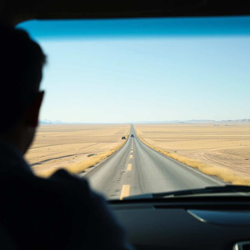 Auto che si allontana attraverso una vasta pianura di campagna aperta