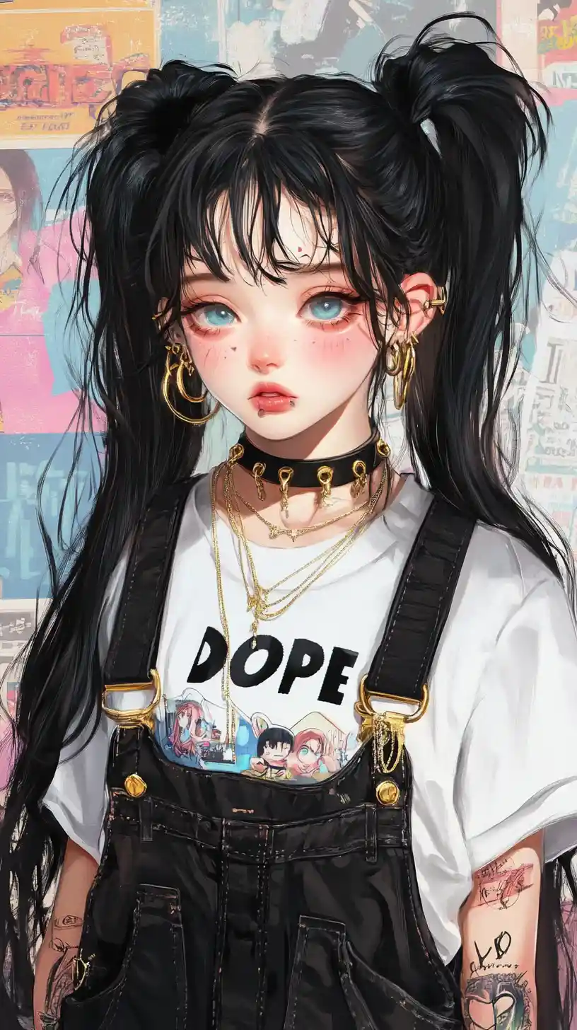 Jolie fille anime en salopette punk avec collage d’affiches