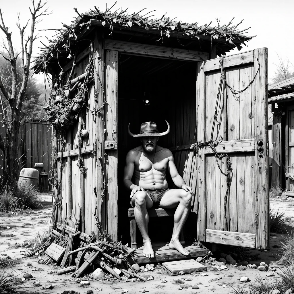 Man entering a leaf covered wooden orgone accumulator box
