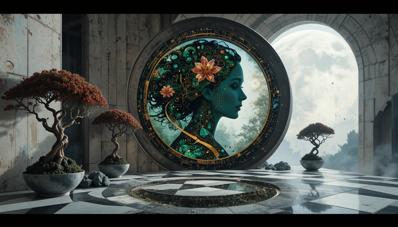 Futuristic interior oasis beneath a dramatic celestial eclipse sky