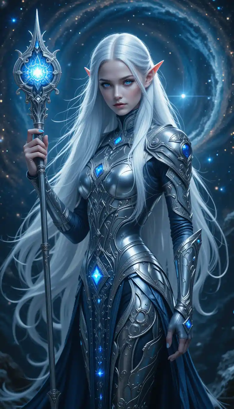 Majestic high elf warrior with glowing silver staff
