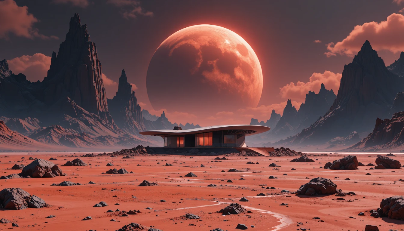 Futuristic beach house beneath a giant distant planet