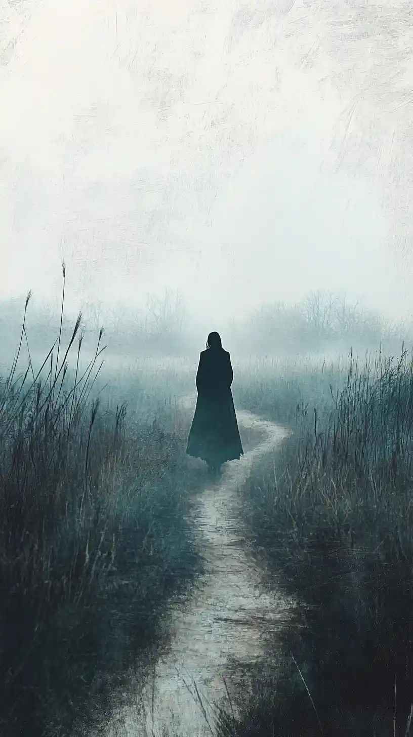 Woman walking alone on a misty overgrown path