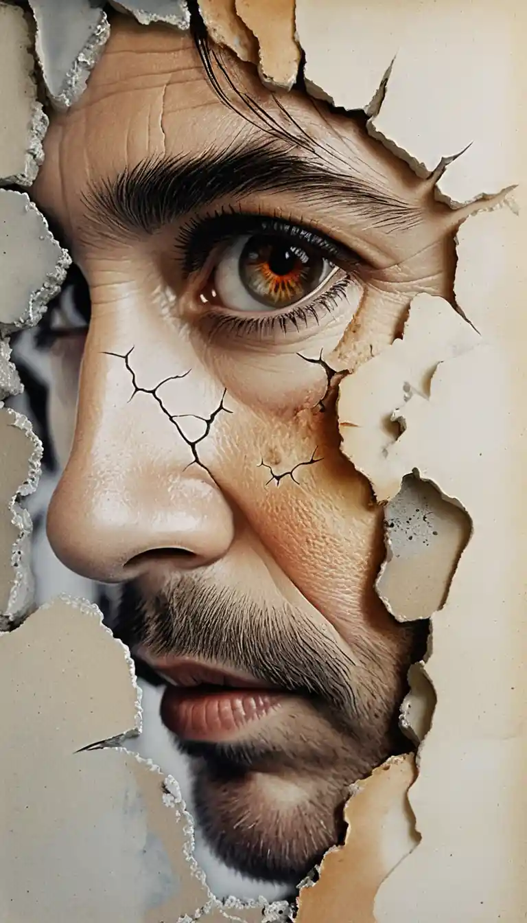 Fragmented elderly male face study with single intense eye