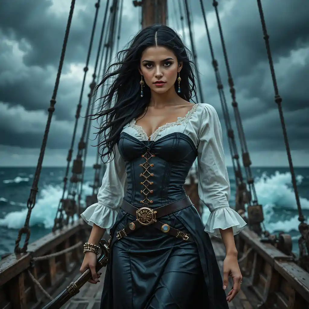 Furchtlose Piratenfrau mit Krummsäbel auf stürmischem Schiffsdeck