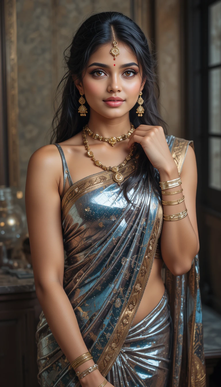 Tamil woman in glossy saree bending in full body pose