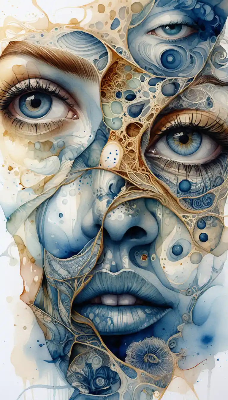 Surreal close up portrait of fragmented woman with many eyes