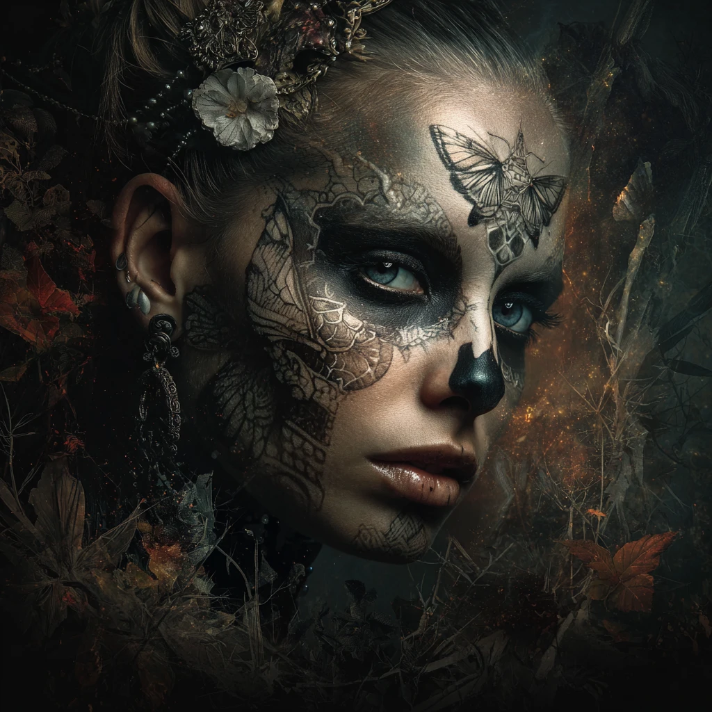 Mujer gótica con maquillaje de esqueleto en bosque de fantasía oscuro