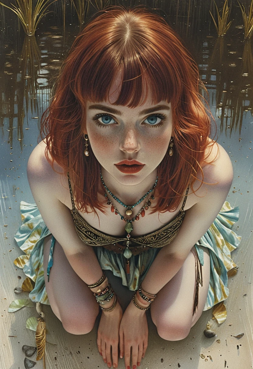 Mystérieuse fille rousse vue de dessus au bord de l’eau