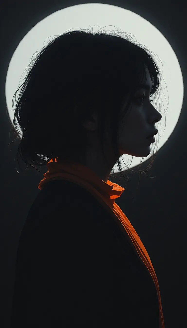 Moody profile silhouette with halo light and orange scarf