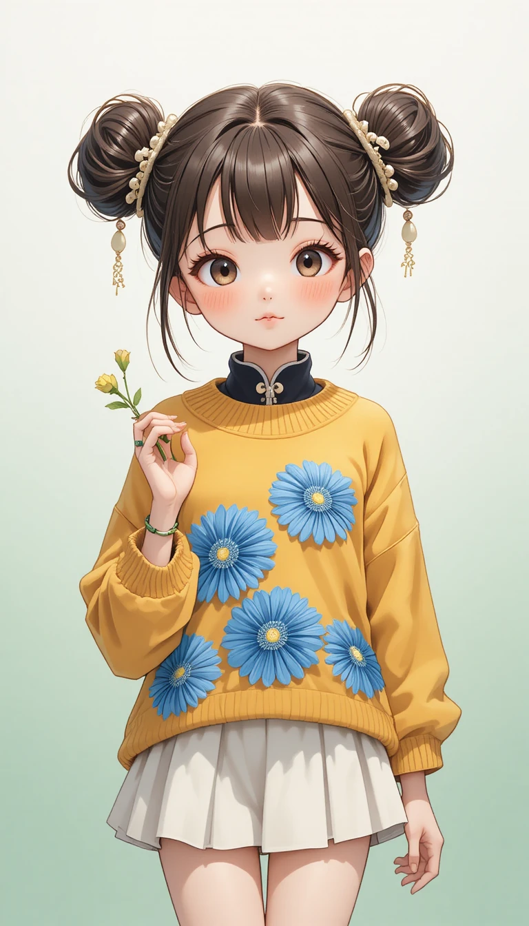 Dolce ragazza anime con maglione floreale che tiene un germoglio verde