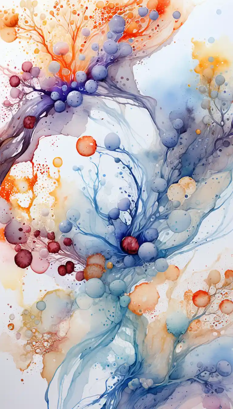 Abstract watercolor swirl with botanical ink details